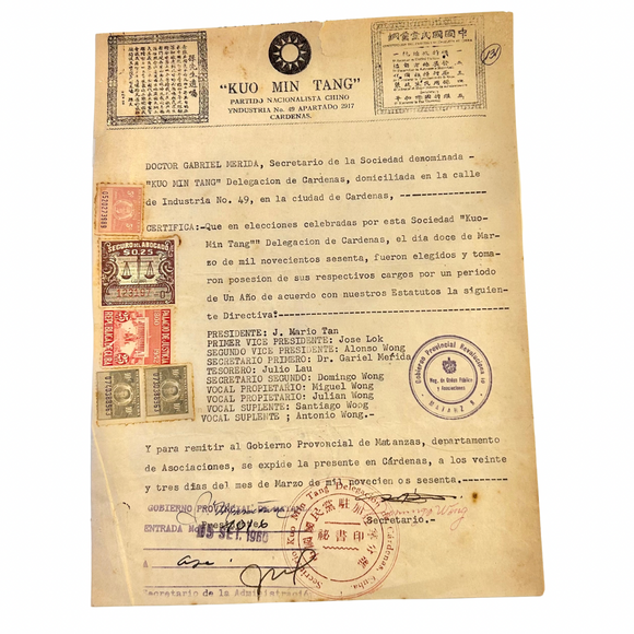 1960 Election Certification of the Chinese Nationalist Party in Cuba, Kuo Min Tang (Kuomintang) Delegation No. 49