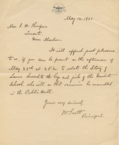1901 Letter from Principal of Toronto Normal School Inviting a Speaker to Talk on Laura Secord
