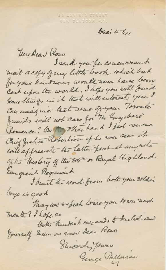 1941 Letter from Author and Historian George G. Patterson, Touching on His Recent Published Book and the War