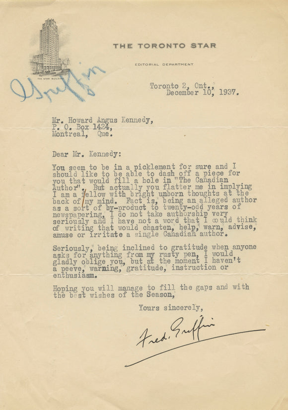 1937 Funny Toronto Star Journalist Letter Humourously Declining to Write a Piece on Authorship