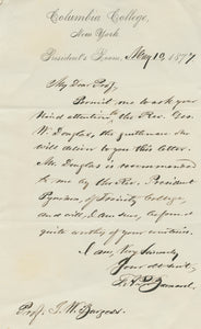 1877 Manuscript Letter from the President of Columbia College to a Renowned Columbia Professor