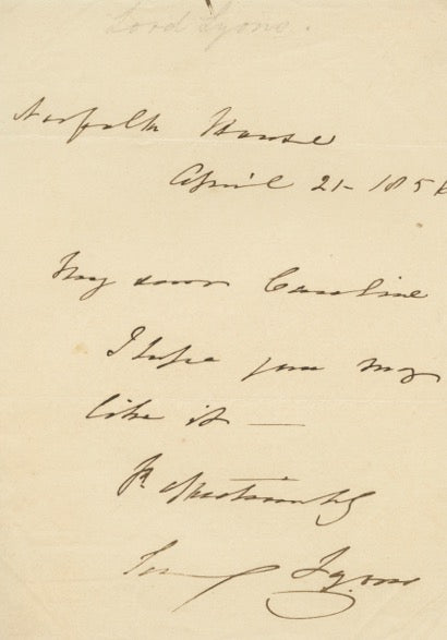 1856 Manuscript Letter from Lord  Richard Bickerton Pernell Lyons, 1st Viscount Sending a Gift to a Woman Named Caroline