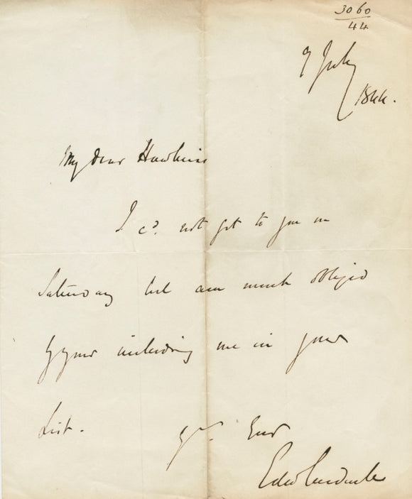 1844 Manuscript Letter by Edward Cardwell, Viscount and Former Secretary of State for War