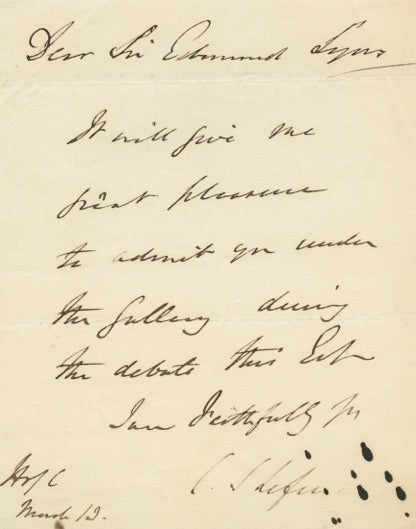 1800s Manuscript Letter from Charles Shaw-Lefevre, 1st Viscount Eversley to Admiral Edmund Lyons, 1st Baron Lyons