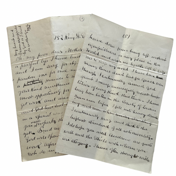 Heart Wrenching 19th Century Manuscript Letter In Which an Alcoholic Man Writes His Mother to Make Amends for His Past, Describe His Recent Troubles, and Share His Newfound Faith in the Roman Catholic Church