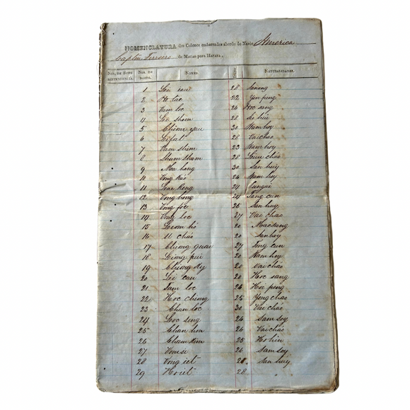 1868 Massive Departure Manifest for the Chinese Coolie Trade Ship the America’s Voyage from Macau to Havana