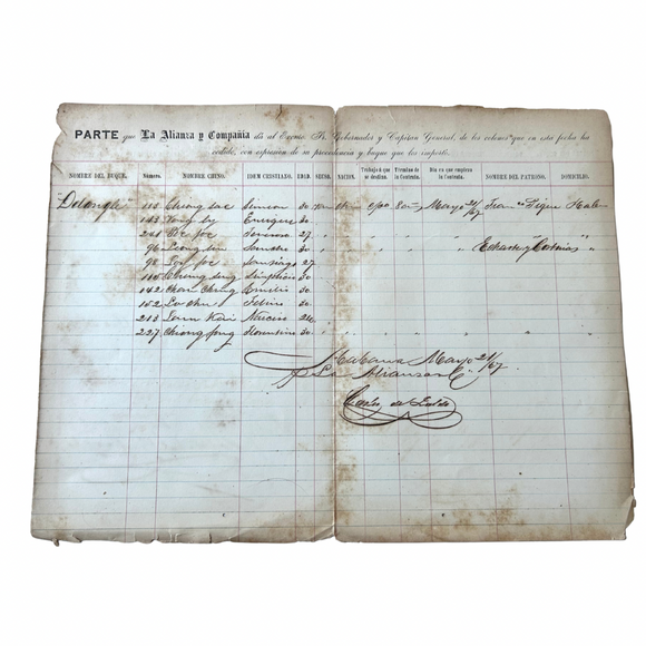 1867 Chinese Coolie Arrival Manifest for Passengers of the French Vessel Delangle’s Voyage from Macau to Havana