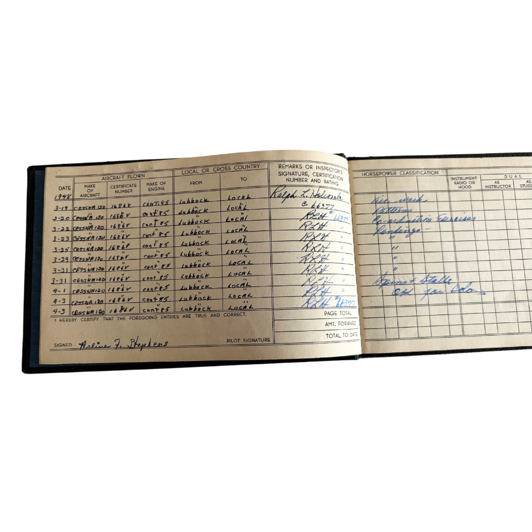 1948 Handwritten Flight Log of a Young, Female Lubbock, Texas Pilot Tr ...