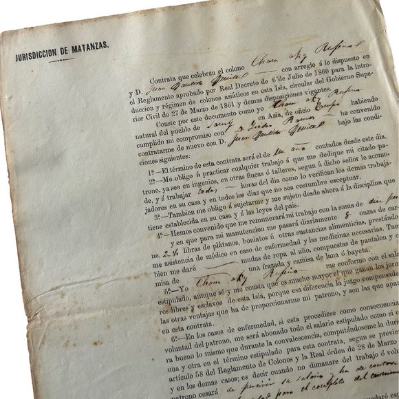 1866 Contrata (Contract) for a Chinese Coolie Labourer in Matanzas Following Completion of His Primitive Contract