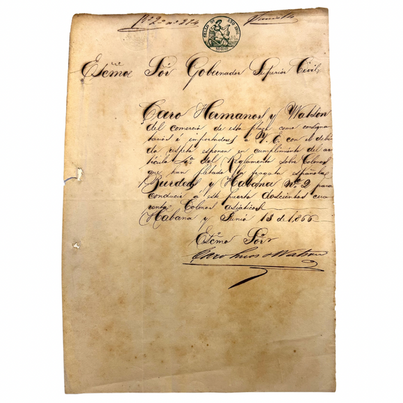 1866 Cuban Government Document Stating Compliance of a Chinese Coolie Trading Company’s Ship Landing in Havana