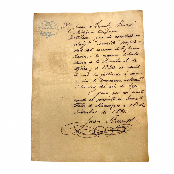 1880 Manuscript Death Certificate by a Cuban Physician Caring for an Emancipated Black Slave in Cuba