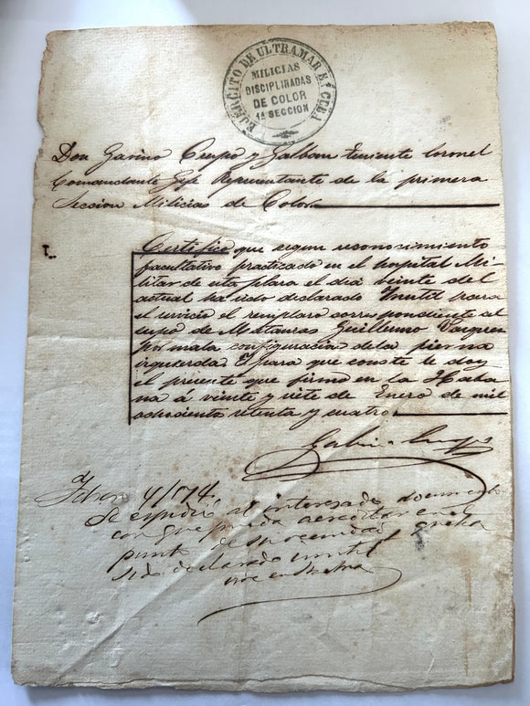 1874 Cuban Medical Manuscript Certificate for Soldier from the Militia of Disciplined Soldiers of Color