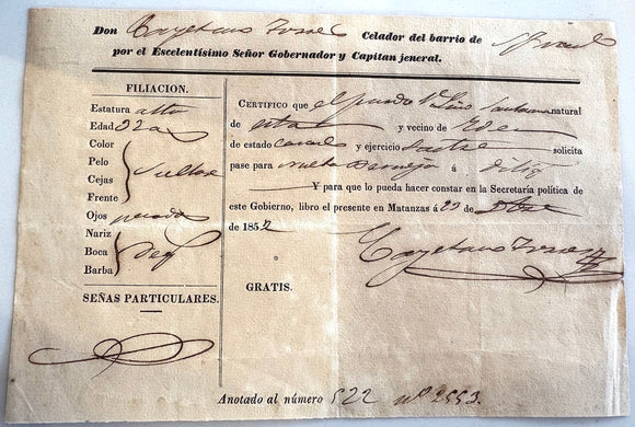 1852 Matanzas Early Cuban Internal Passport (Colonial Travel Permit) for Tailor Alejandro Eliseo Santana, Signed by Cayetano Fornell