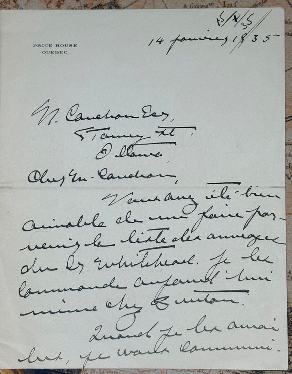 1935 Holograph Letter In French from Quebec Premier Louis-Alexandre Taschereau