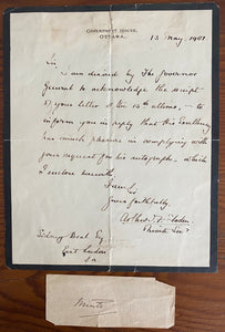 1907 Letter and Signature of Governor General John Murray Kynynmond Elliot Gilbert, 4th Earl of Minto