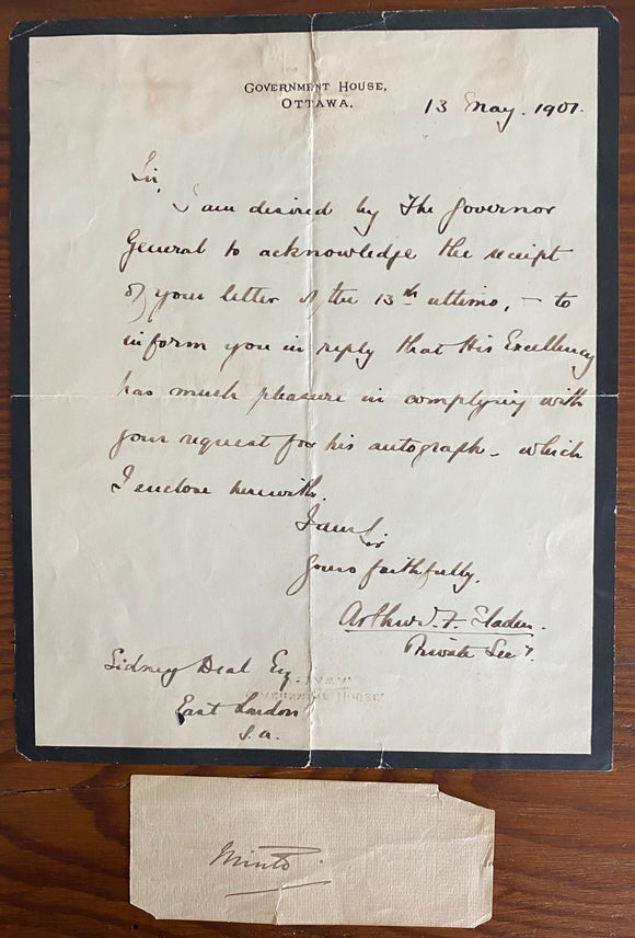 1907 Letter and Signature of Governor General John Murray Kynynmond Elliot Gilbert, 4th Earl of Minto