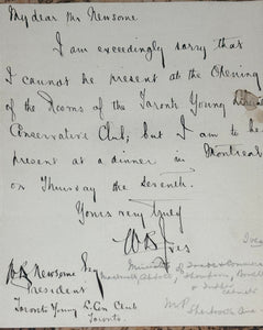 19th Century Canadian Member of Parliament William Bullock Ives Autographed Letter