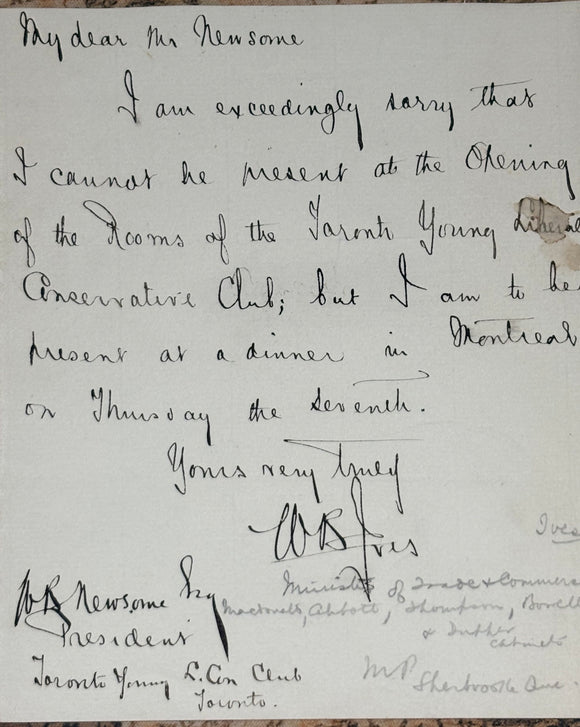 19th Century Canadian Member of Parliament William Bullock Ives Autographed Letter