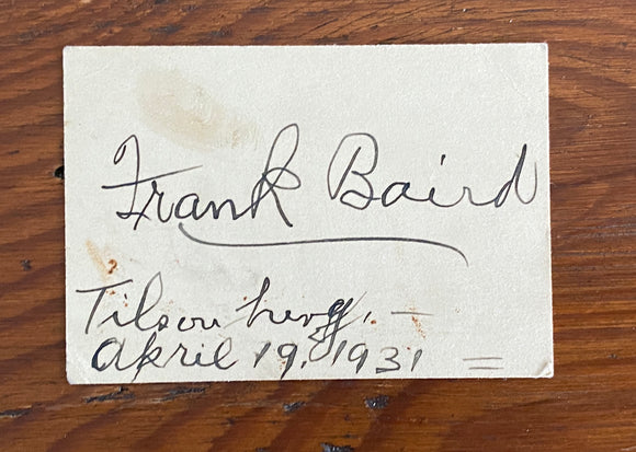 1931 Minister and Educator Frank Baird Signature Card