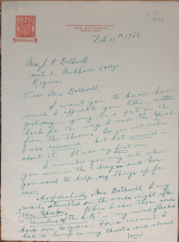 1964 Candid Personal Letter from Saskatchewan Lieutenant Governor The Honourable R.L. Hanbridge