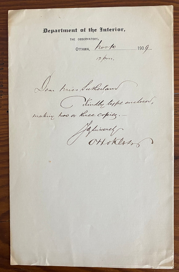 1909 Department of the Interior Office Memo Written and Signed by Otto Julius Klotz
