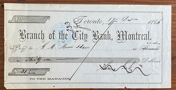 1866 City Bank of Montreal Cheque signed by Thomas Galt to Graeme Mercer Adam