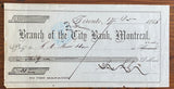 1866 City Bank of Montreal Cheque signed by Thomas Galt to Graeme Mercer Adam