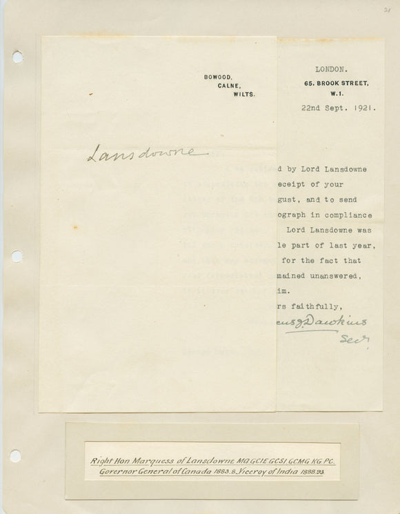 1921 Autograph of Lord Lansdowne, Gov. Gen. of Canada & Viceroy of India, With Accompanying Letter