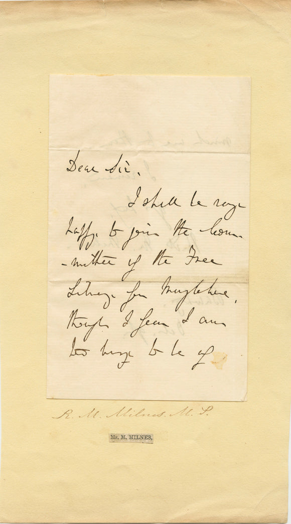 1852 Autograph Signed Letter from Richard Monckton Milnes to an Unknown Recipient at The Free Library for Marylebone