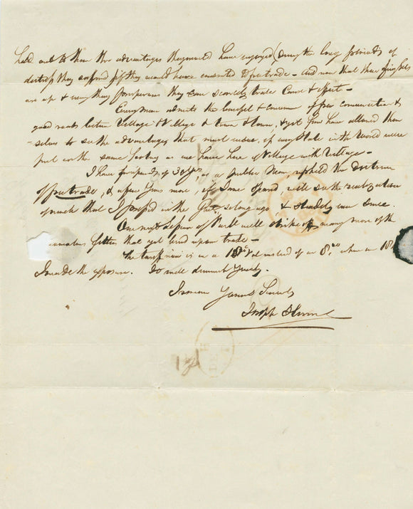 1846 Partial Letter to D.S. Kennedy Esq. from Radical Member of Parliament Dr. Joseph Hume