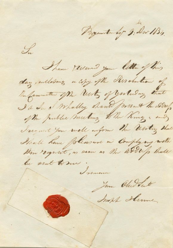 1831 Letter on Committee Resolution from Radical Member of Parliament Dr. Joseph Hume