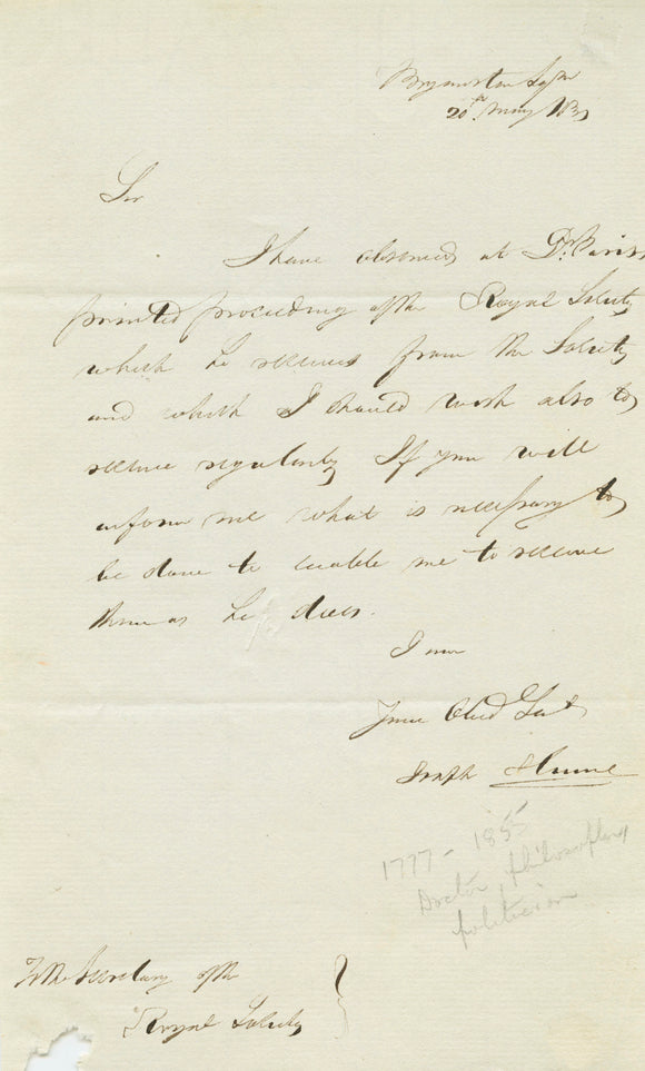 1831 Letter to Royal Society from Radical Member of Parliament Dr. Joseph Hume