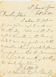 1851 Signed Letter to the Baronet of Springkell from the Earl of Derby Regarding Government Legislation