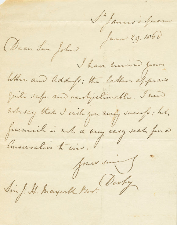 1865 Signed Letter to the Baronet of Springkell from the Earl of Derby Reflecting on Election Matters