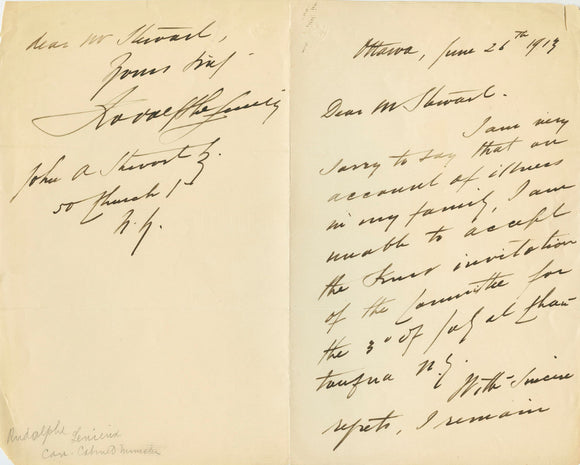 1913 Handwritten Letter to John A. Stewart from Canadian Solicitor General Rodolphe Lemieux