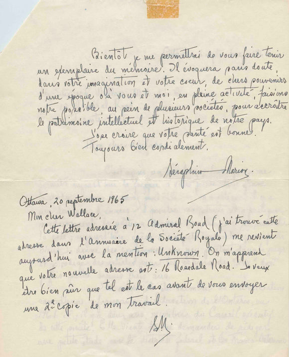 1965 French Canadian Manuscript Letter Discussing Anglo-Canadian Historical Nonfiction from Séraphin Marion