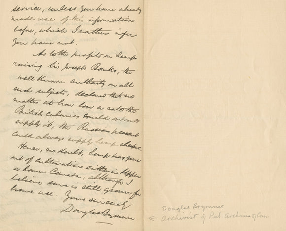 1900 Letter About Hemp Production and Sir Joseph Banks from Canadian Politician Douglas Brymner