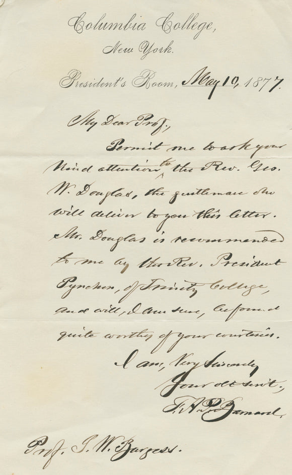 1877 Manuscript Letter from the President of Columbia College to a Renowned Columbia Professor