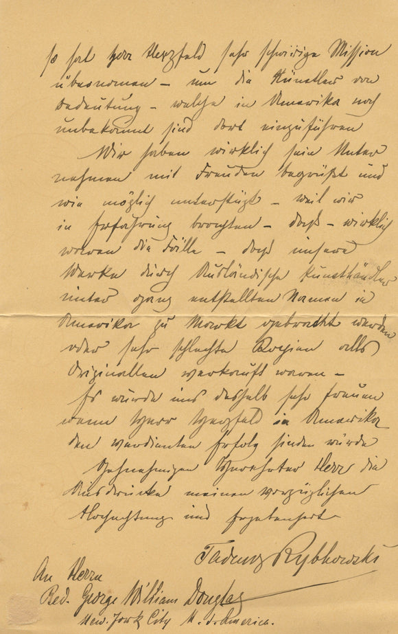 1886 German Manuscript Letter About Art from Polish Artist Tadeusz Rybkowski to Rev George William Douglas in NYC