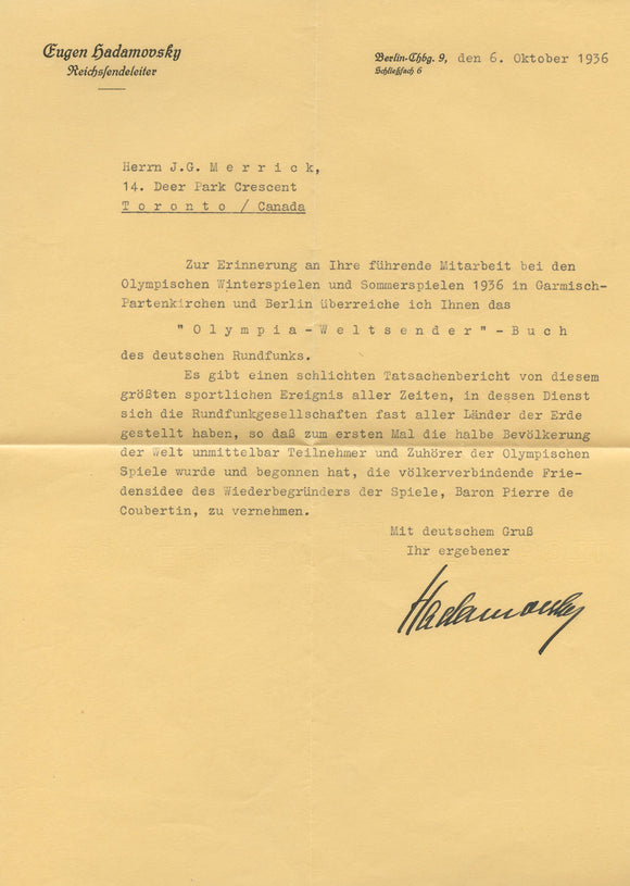 1936 Letter from Nazi Propagandist to a Canadian IOC Member Who Advocated for Canada's Participation in Hitler's Olympics