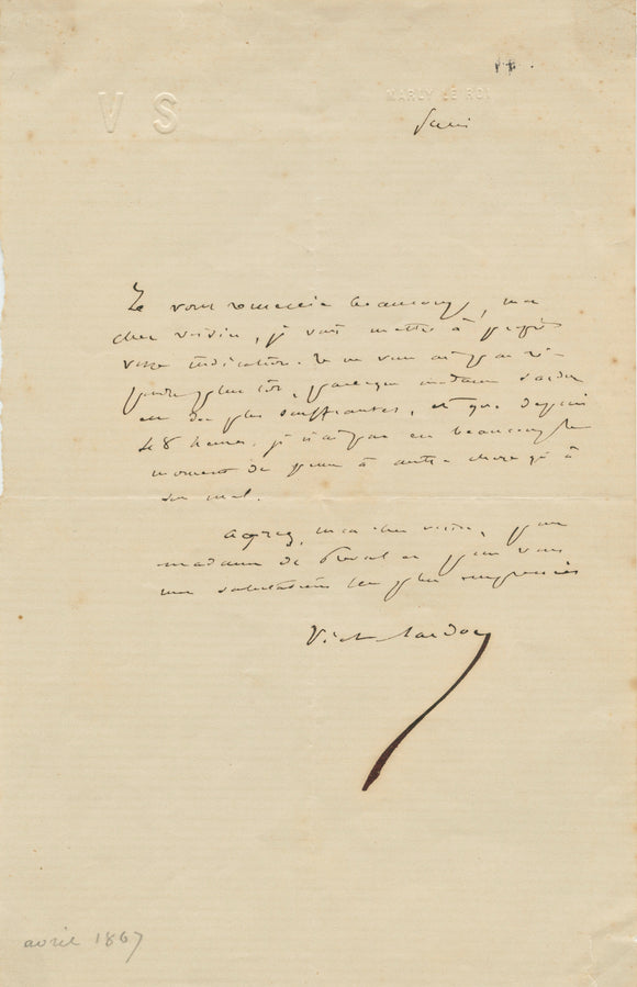 c1867 Manuscript Letter with Personal Content from French Dramatist Victorien Sardou