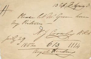 1852 Autographed Manuscript Note by British painter Nicholas Joseph Crowley