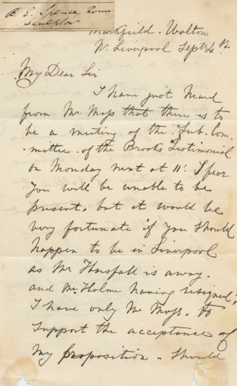 19th Century Manuscript Letter from Sculptor Benjamin Edward Spence to the Reverend Dr. Raffles