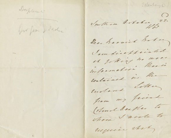 1863 Manuscript Letter from Edward Law, 1st Earl of Ellenborough to Thomas Barwick Lloyd Baker