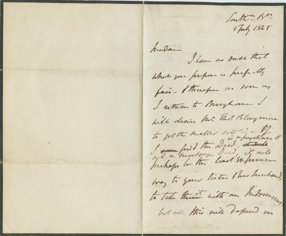 1848 Manuscript Signed Letter by William Brougham, 2nd Baron Brougham and Vaux, Regarding Mortgage Terms, Business