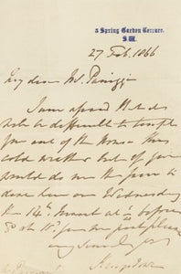 1866 Manuscript Letter by Thomas Pemberton Leigh, 1st Baron Kingsdown, Written One Year Before His Death