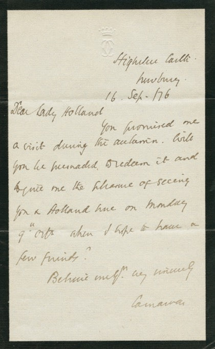 1876 Manuscript Letter from Henry Howard Molyneux Herbert, 4th Earl of Carnarvon to Lady Holland Regarding a Social Engagement
