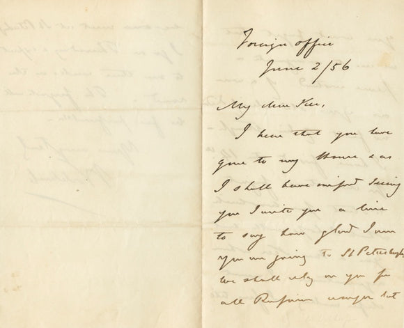 1856 Manuscript Letter from British Liberal John Wodehouse About His Upcoming Travel to Russia
