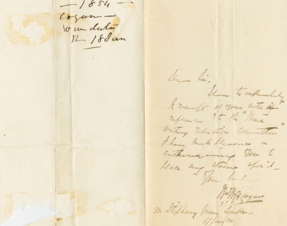 1854 Manuscript Letter of Irish Whig William Henry Ford Cogan About Committee Duties