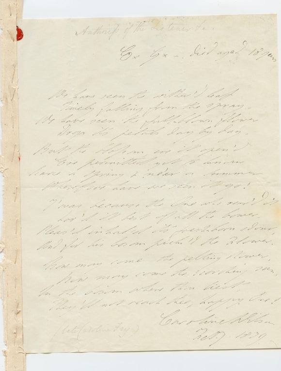 1839 Original, Likely Unpublished Manuscript Poem on the Death of a Young Person by Christian Writer Caroline Fry aka Caroline Wilson